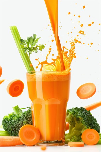 carrot broccoli celery vegetable juice splash is pouring from above into a glass