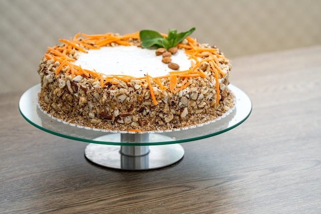 Carrot cake with nuts and cream