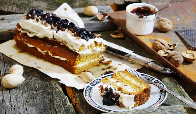 Carrot cake with pecans and prunes