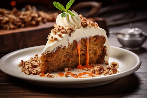 Carrot cake with a slice removed served with a sprinkle of nutmeg