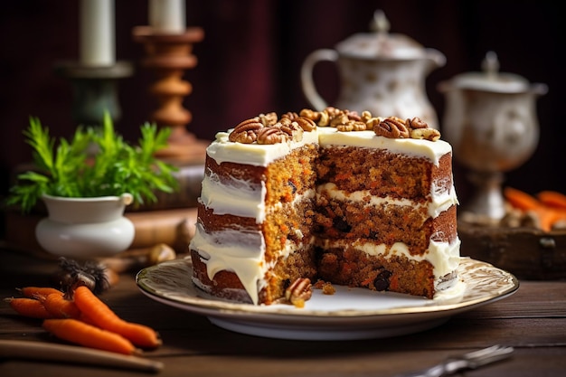 Carrot cake with a slice removed served with a sprinkle of nutmeg