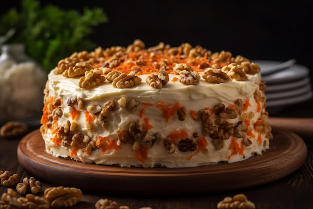 A carrot cake with walnuts on top