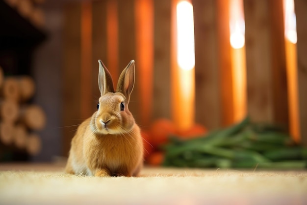 Carrot in focus rabbit chewing in the background