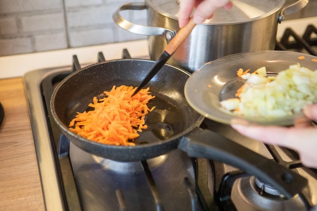 Carrot and onion on frying pan