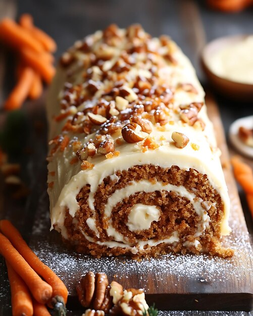 Photo carrot roll with cream cheese frosting and nuts on a cutting board