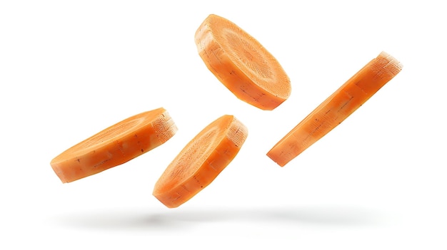 Carrot slices flying in the air isolated on white background