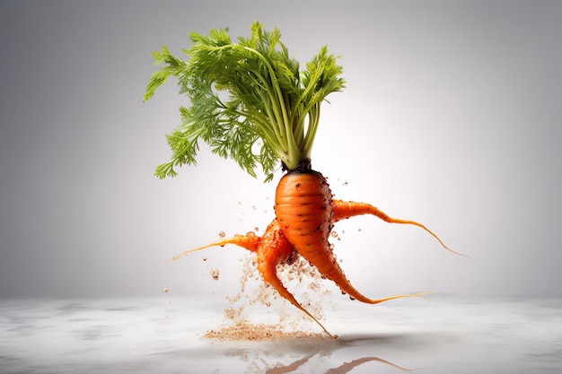 A carrot with a green top that has been thrown into the air.