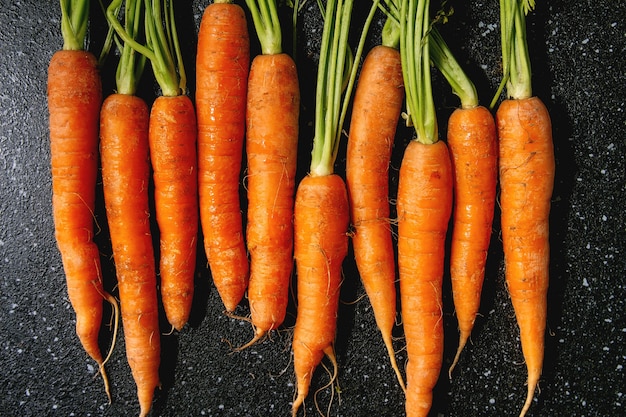 Carrot with tops in row