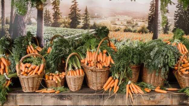 carrots and baskets against lush landscape backgrounds transporting viewers to a charming countryside scene ripe with agricultural charm