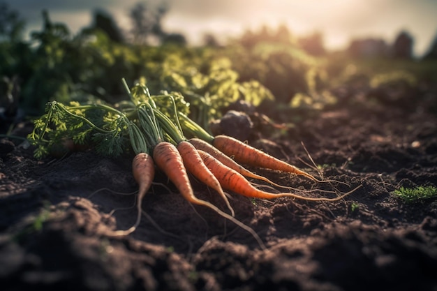 Carrots laying on the ground with the sun shining on them