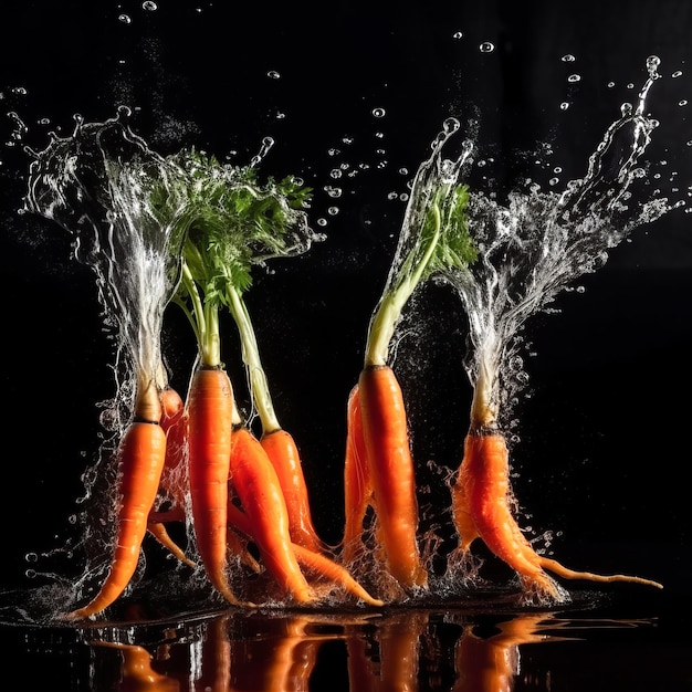 Carrots in the splash of water on isolated black background