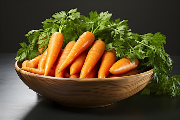 Carrots on wooden bowl