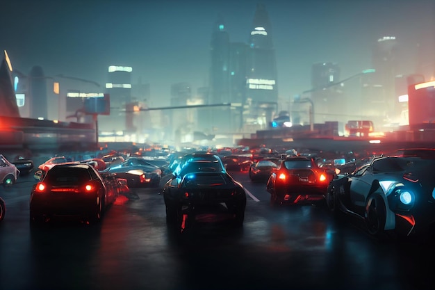 cars are driving on a busy city street at night generative ai