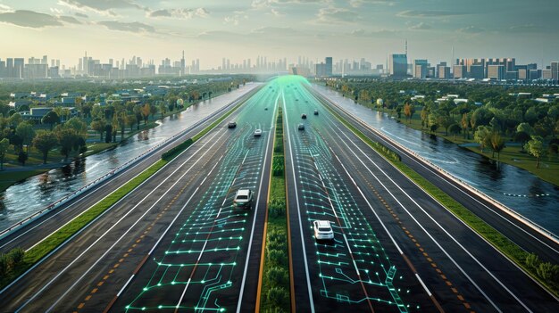 Photo cars are moving along the highway towards the big city the concept of transport communication