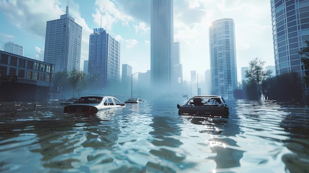 Cars are submerged in floodwaters in a cityscape highlighting the impact