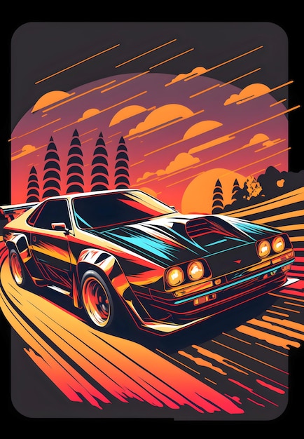 Cars and City Background Hand drawn Future style illustartion synthwave and retro style