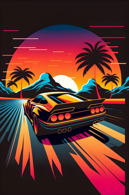 Cars and City Background Hand drawn Future style illustartion synthwave and retro style