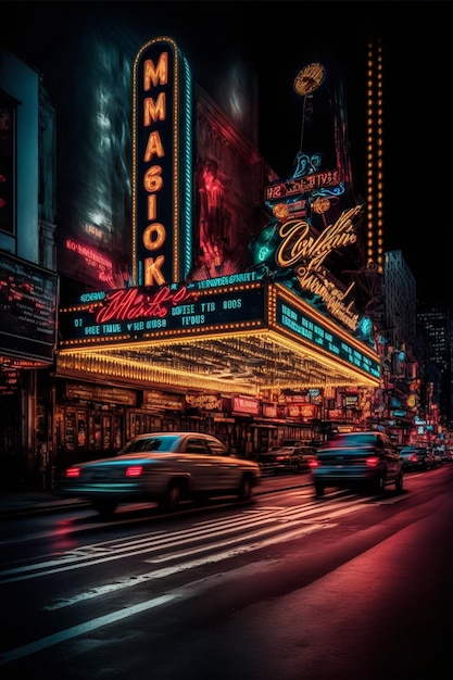 Cars drive down a city street at night with theater sign generative ai