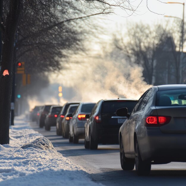 Photo cars lined up on a snowy street with steam rising from the exhaust pipes