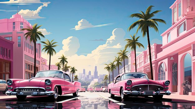 cars parked on the street in front of a building with palm trees.