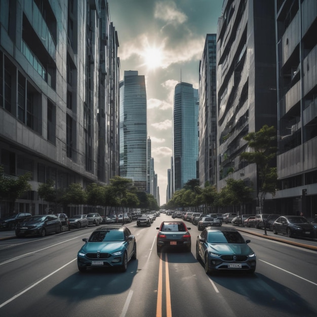 Cars on road between high rise buildings during