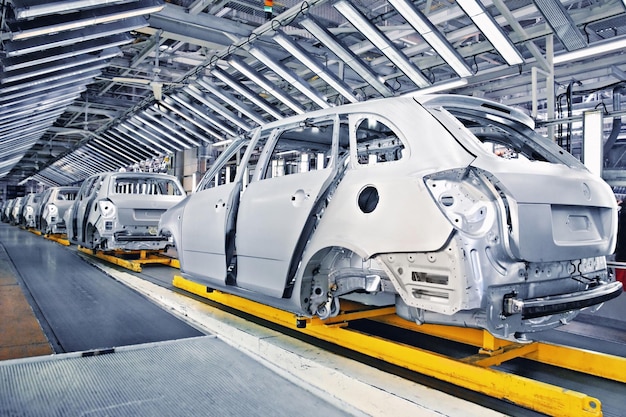 Cars in a row at car plant