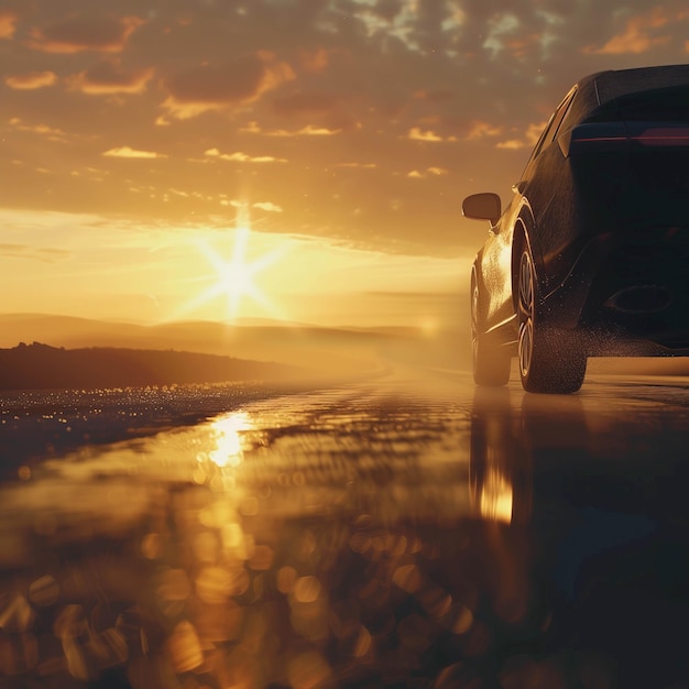 Photo cars running on the road during the sunset of the valley and the sea of mist