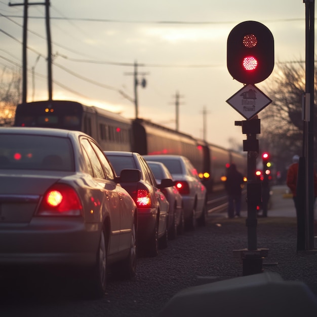 Photo cars stopped at a railroad crossing with a train passing by in the background