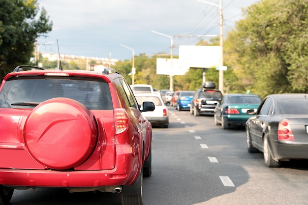 Cars in traffic jam on city street