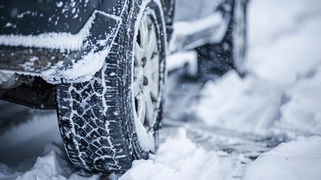 A cars wheel covered in snowflakes situated in a snowy environment Capture the tire in detail