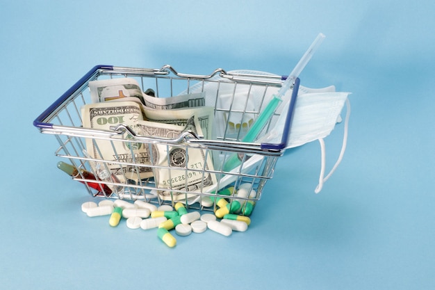 cart from a store with dollars and Medical mask