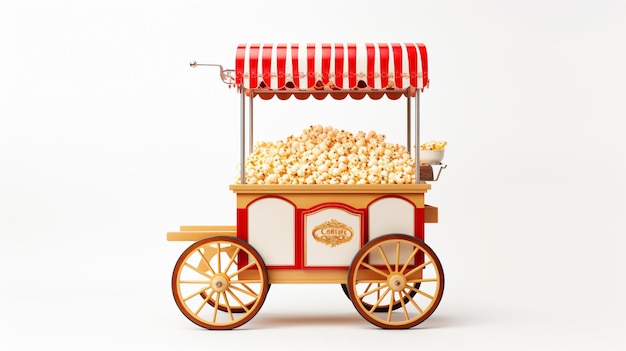 a cart full of popcorn and a cart with a red awning that says popcorn