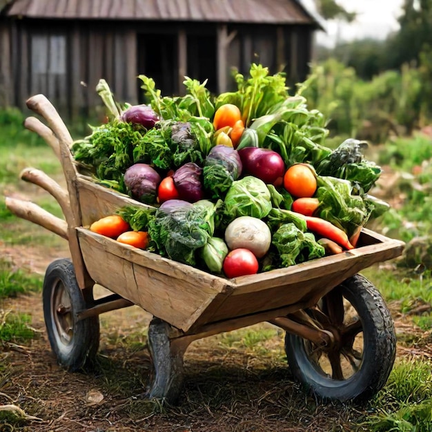 Photo a cart full of vegetables and a wooden house in the background