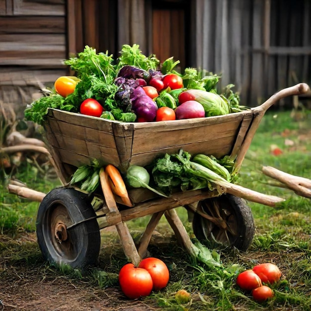 Photo a cart of vegetables with a wooden cart that says a on it