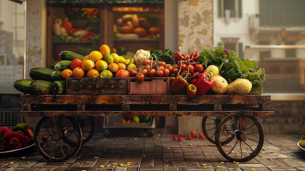 Photo cart with fresh produce warm market setting