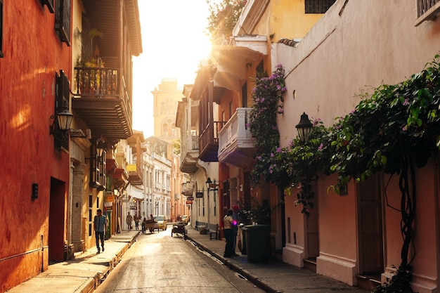 Cartagena de Indias Colombia January 2019 Typical street in historical center of Cartagena