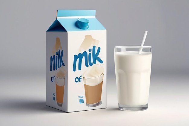 Carton box of milk and glass cup of milk on white