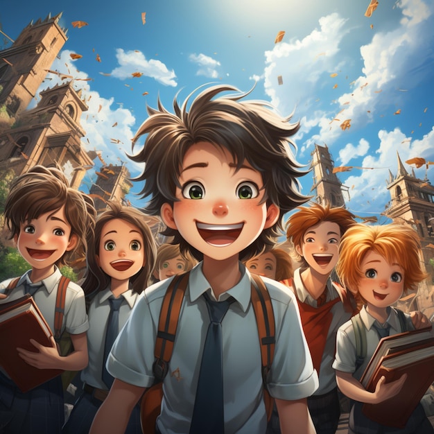 carton contains some school kids with expressions full of happiness