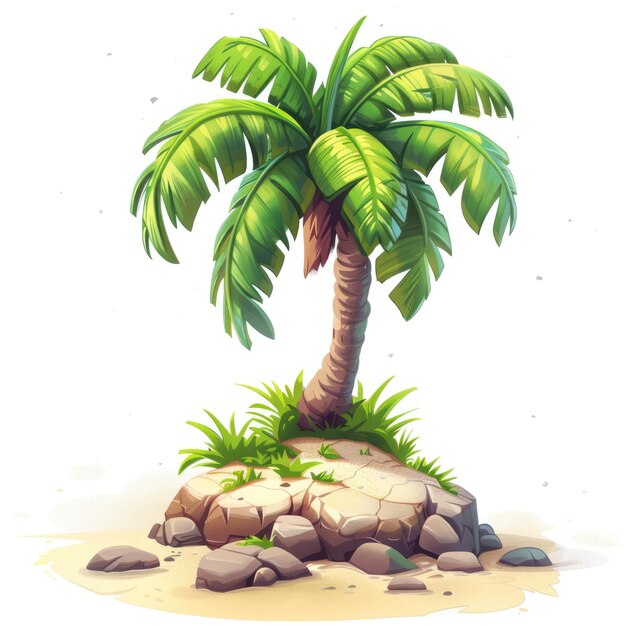 Photo cartoon 2d image of a lone happy beach island with one happy fat palm tree with a white background stylize 250 job id f192d15833dd4b92aa1b6931020393f5