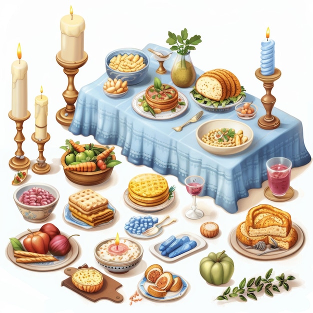 Photo cartoon 3d beautifully set passover table with candles and festive dishes isolated white background