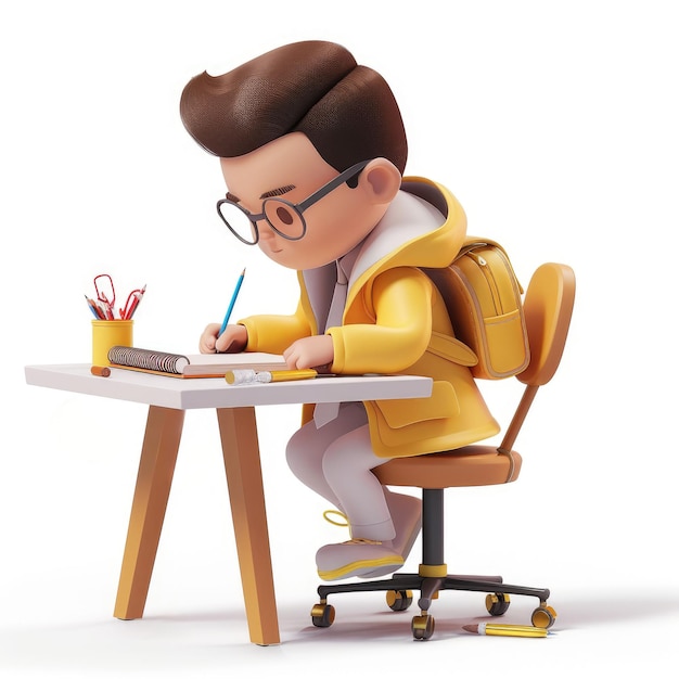 Cartoon 3D Boy Studying at a Desk Surrounded by Various School Supplies