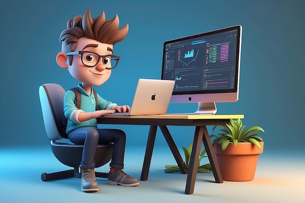 Cartoon 3D Character Developer Working on Laptop Web App Development and Frontend Deployment