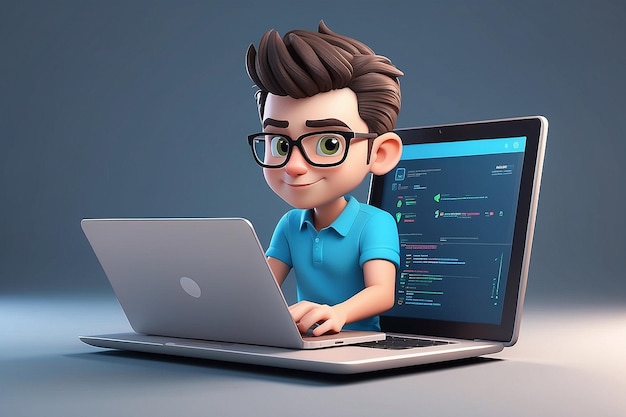 Cartoon 3D Character Developer Working on Laptop Web App Development and Frontend Deployment