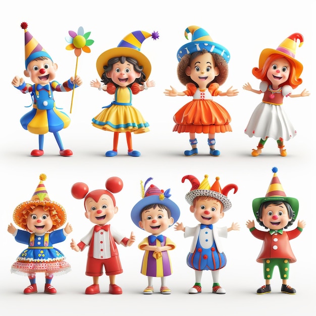 Photo cartoon 3d children dressed as clowns and fairytale characters celebrating carnival isolated white background