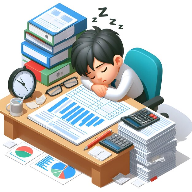 Cartoon 3D Flat Icon of Writer Napping on Manuscripts Depicting Dedication to the Craft of Writing