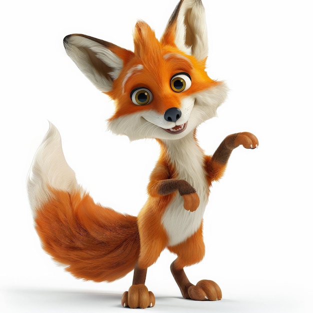 A cartoon 3D happy fox with a bushy tail and a sly smile standing with one paw up isolated on