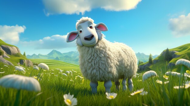 cartoon 3d illustration Photo grazing white sheep