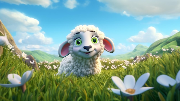 cartoon 3d illustration Photo grazing white sheep