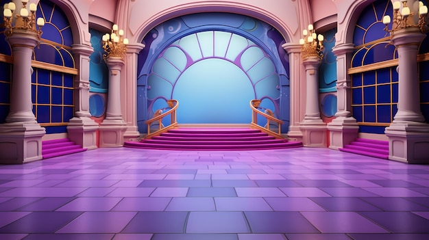 Photo cartoon 3d illustration of a purple and blue hallway with an archway and stairs