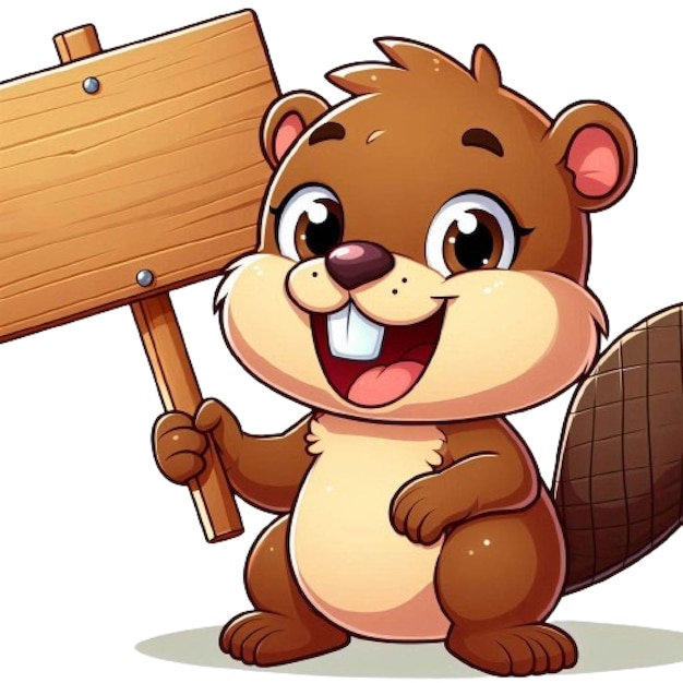 Photo cartoon of an adorable little beaver holding a sign